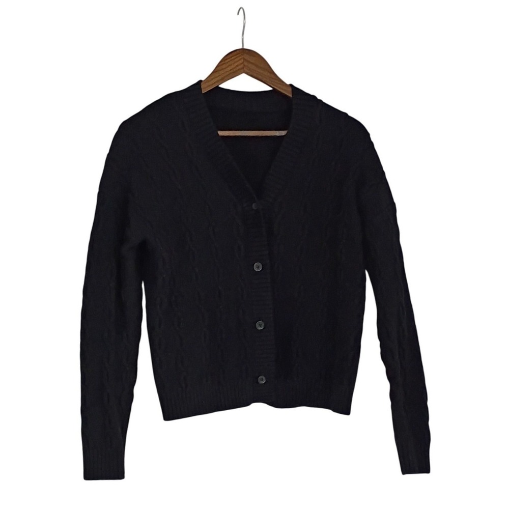 VISTA-Wool Blnd Black Cable Knit Btn Front V Neck Cardigan Sweater Alice Turtle - Picture 2 of 10